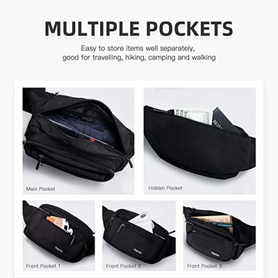 Bum Fashion Fanny Pack Tas Pinggang Tahan Air Pria Wanita Dengan 6 Kantong Ritsleting