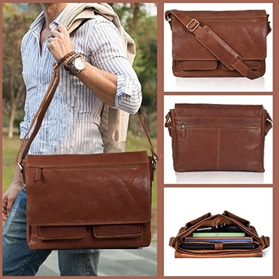 14inch Laptop Wanita Tas Messenger Kulit Kanvas Kulit Sapi 400g